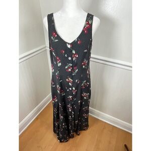 EXPRESS Black Polka Dot Cherry Maxi Dress V Neck Sleeveless Women Size 7 Vintage